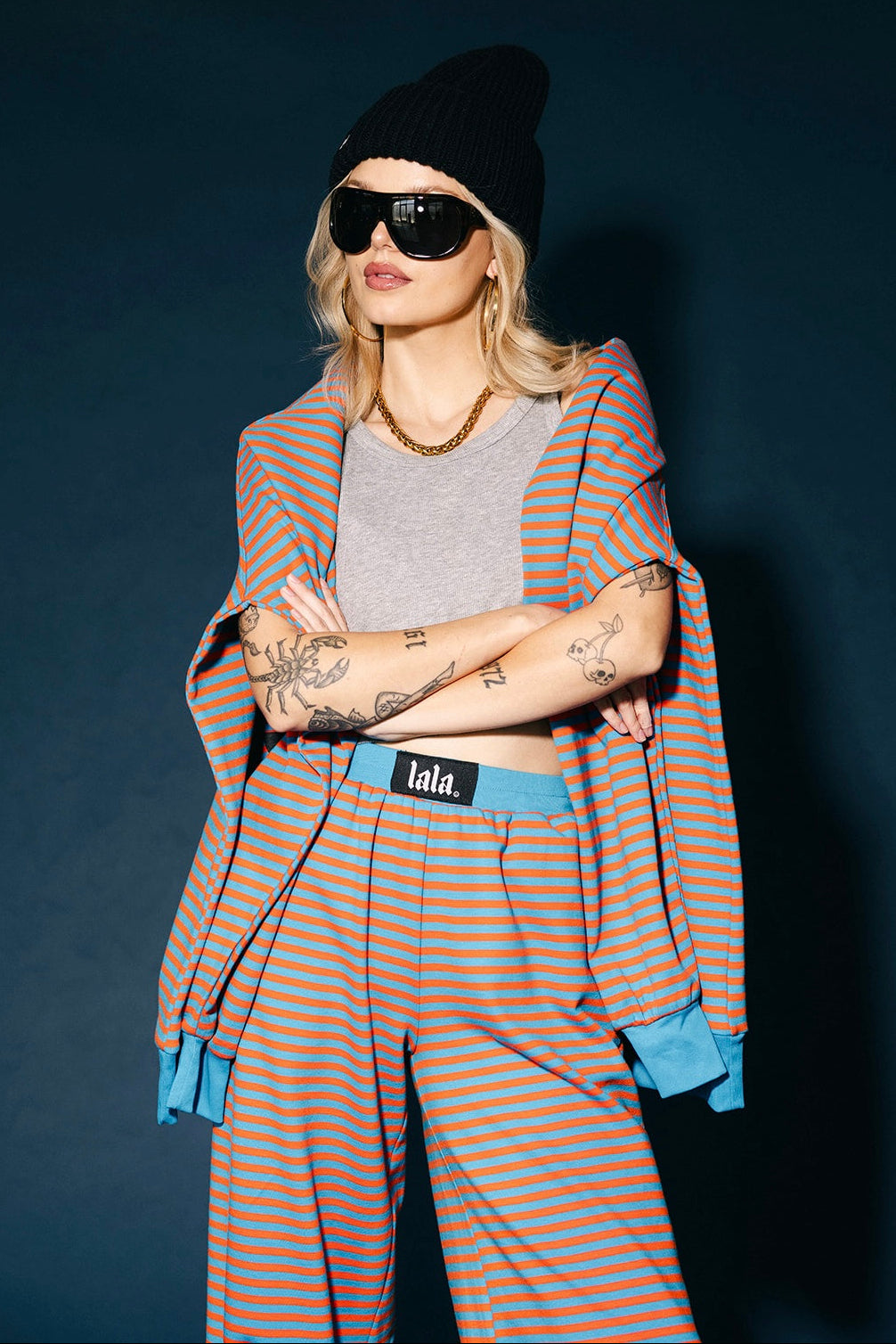 Do No Harm Striped Wide Leg Pants in Blue + Orange