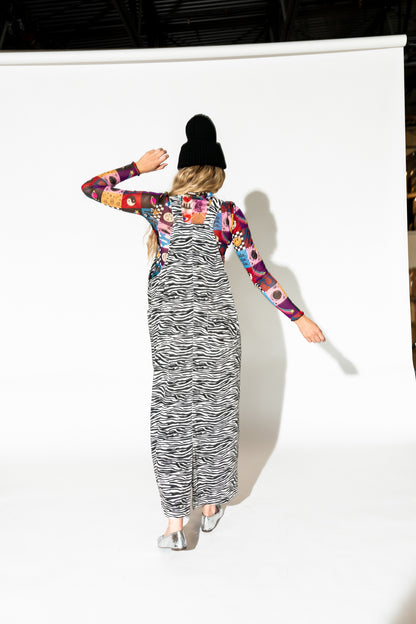 Can't Tame Me Denim Overall Dress in Zebra Stripes