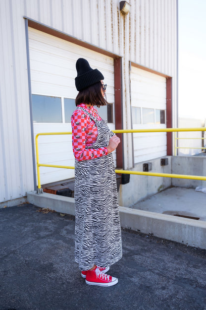 Can't Tame Me Denim Overall Dress in Zebra Stripes