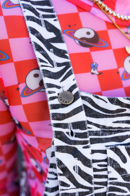 Can't Tame Me Denim Overall Dress in Zebra Stripes