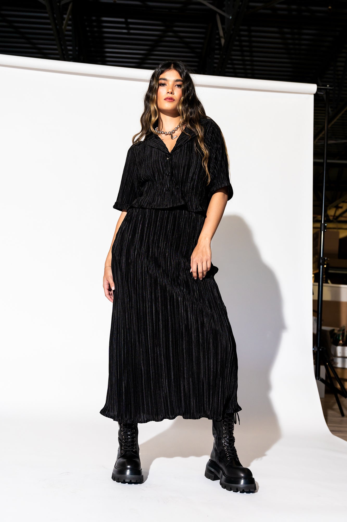 Ćest la Vie Plissé Skirt Set in Black Dressed in Lala