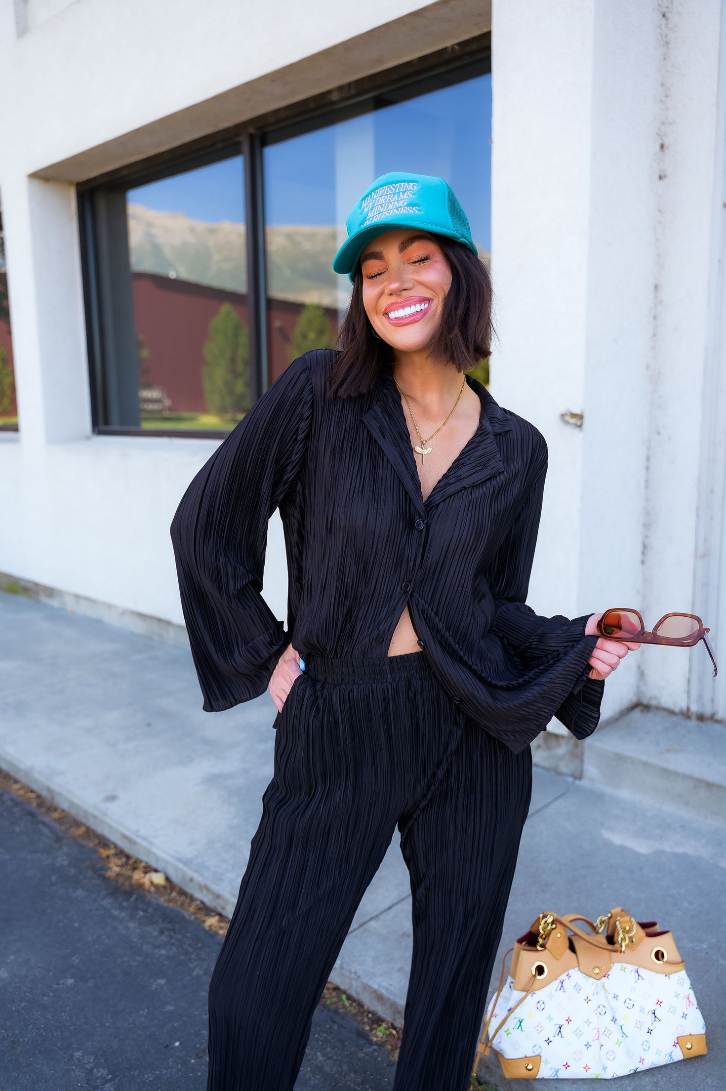 Long Sleeve Plissé Set in Black Dressed in Lala