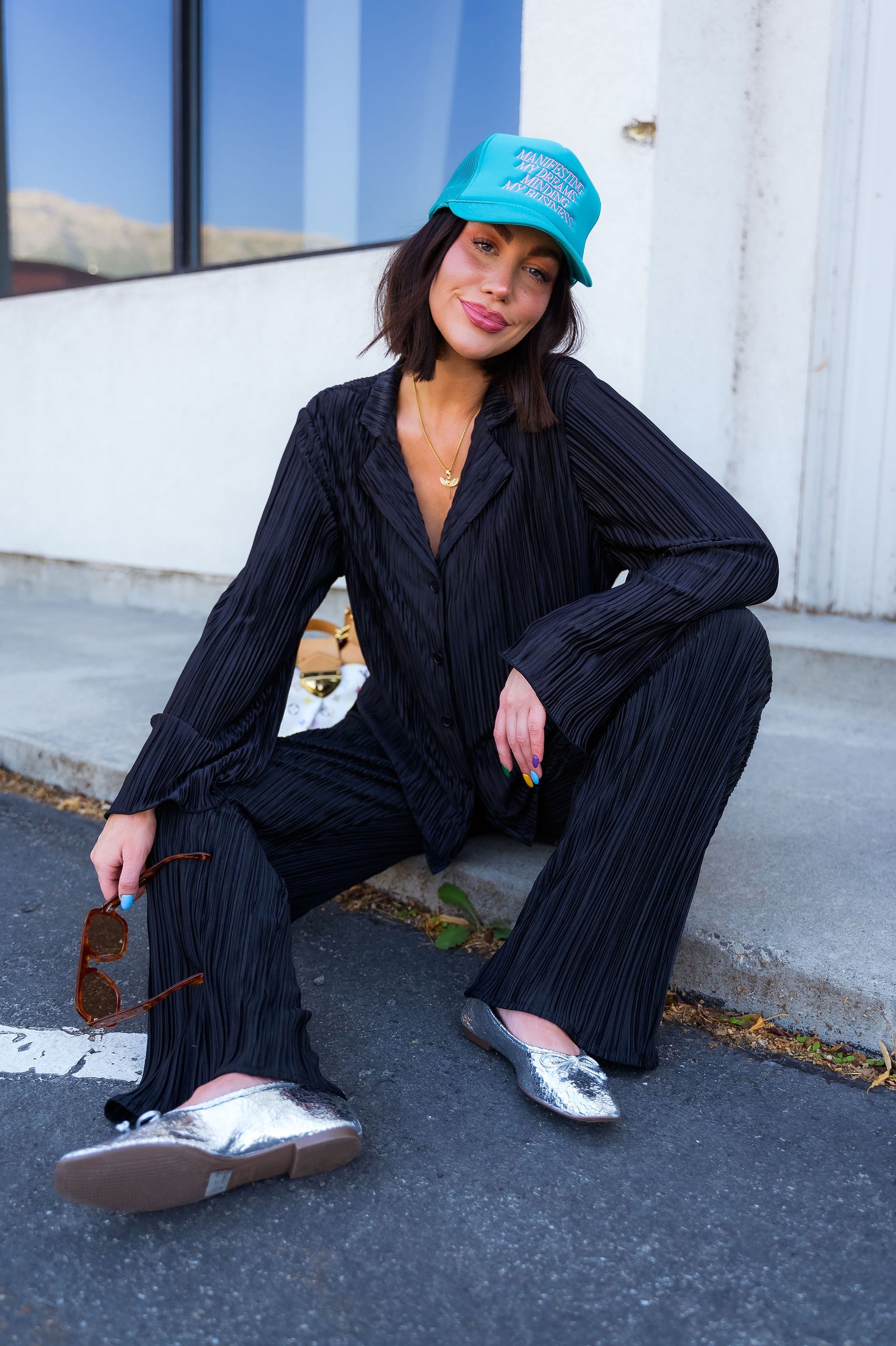 Long Sleeve Plissé Set in Black Dressed in Lala