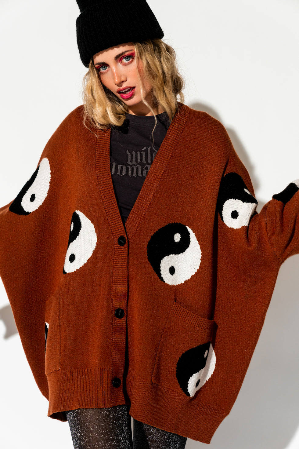 Main Character Energy Oversized Yin Yang Cardigan in Cinnamon Dressed