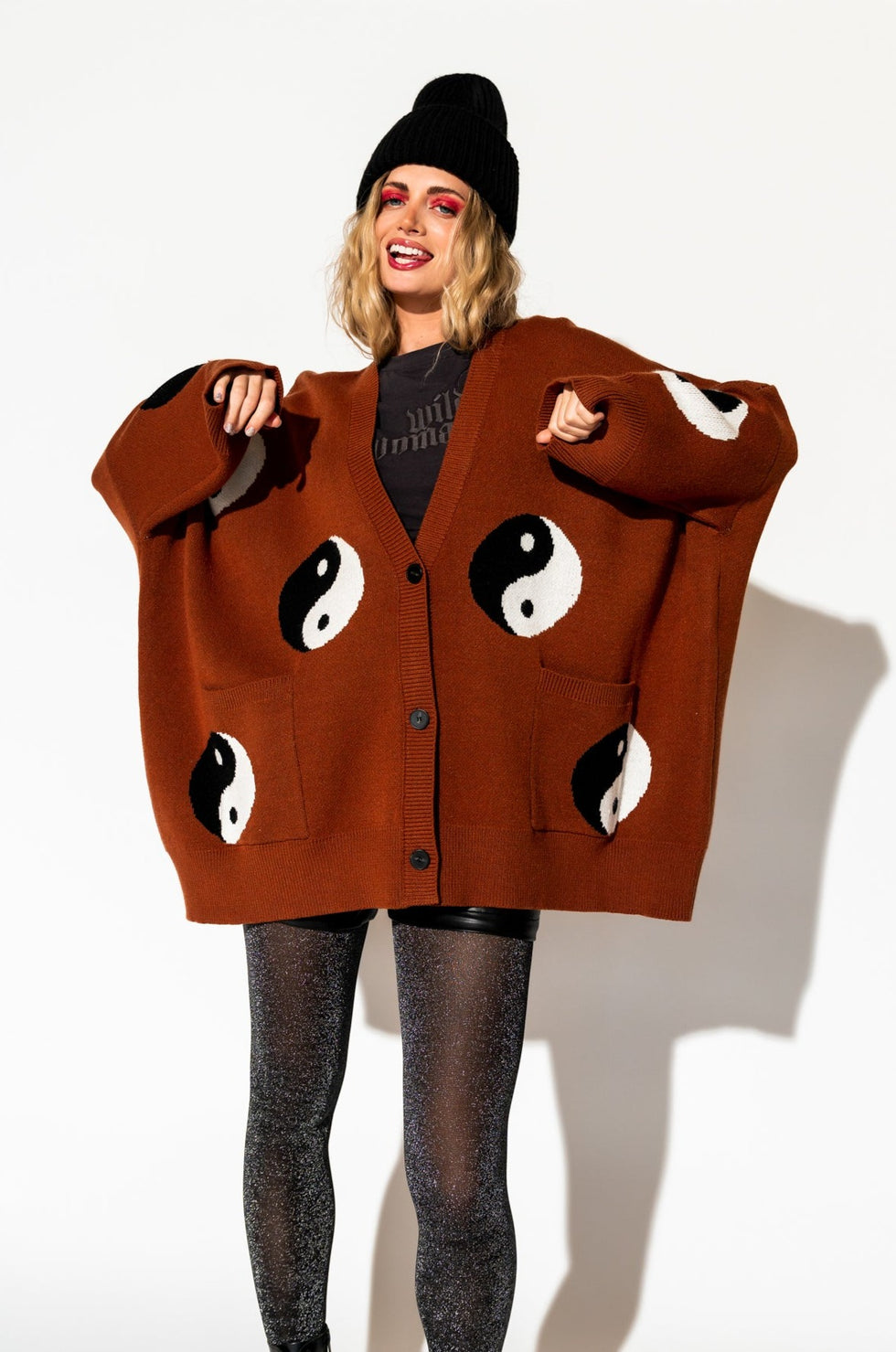 Main Character Energy Oversized Yin Yang Cardigan in Cinnamon Dressed