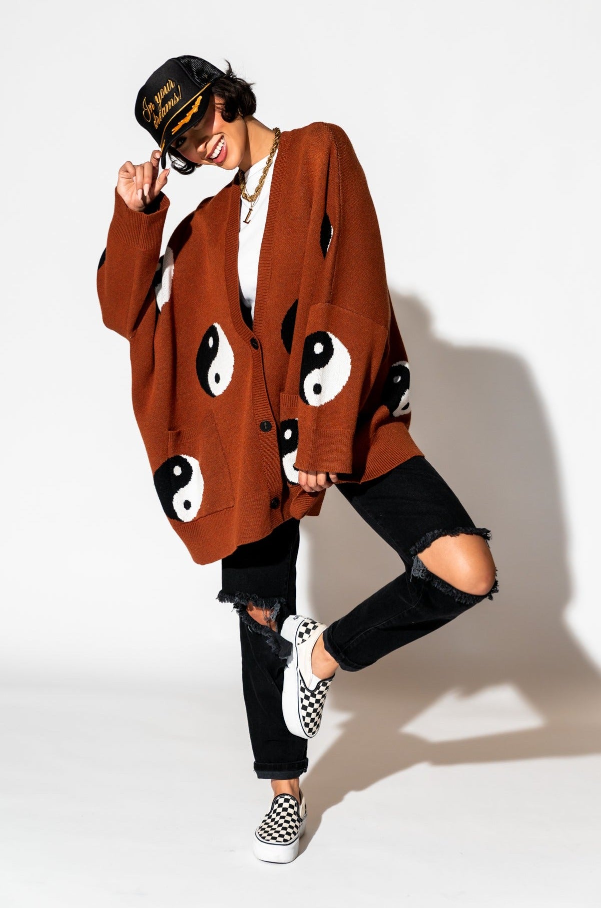 Main Character Energy Oversized Yin Yang Cardigan in Cinnamon Dressed