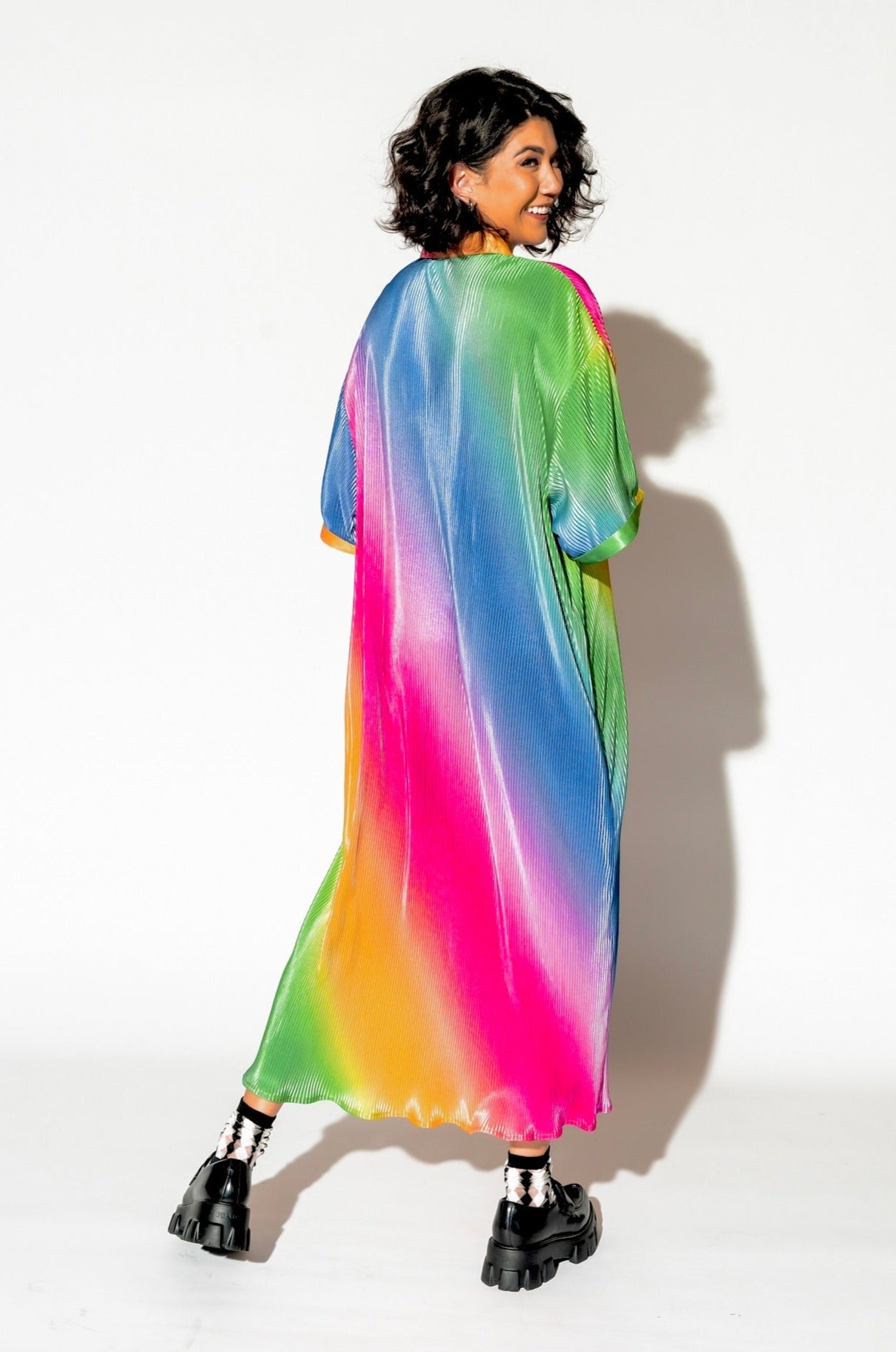 So Far So Good Oversized Plissé Dress in Prismatic Rainbow