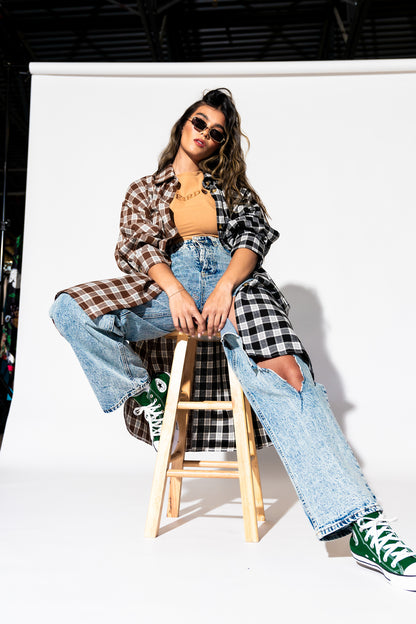 Zuri Oversized Grunge Flannel in Half + Half Mocha and Black