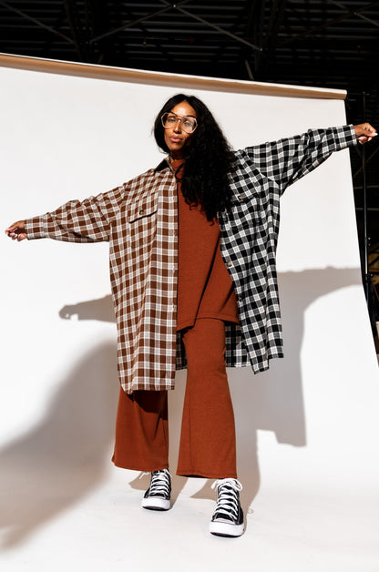 Zuri Oversized Grunge Flannel in Half + Half Mocha and Black