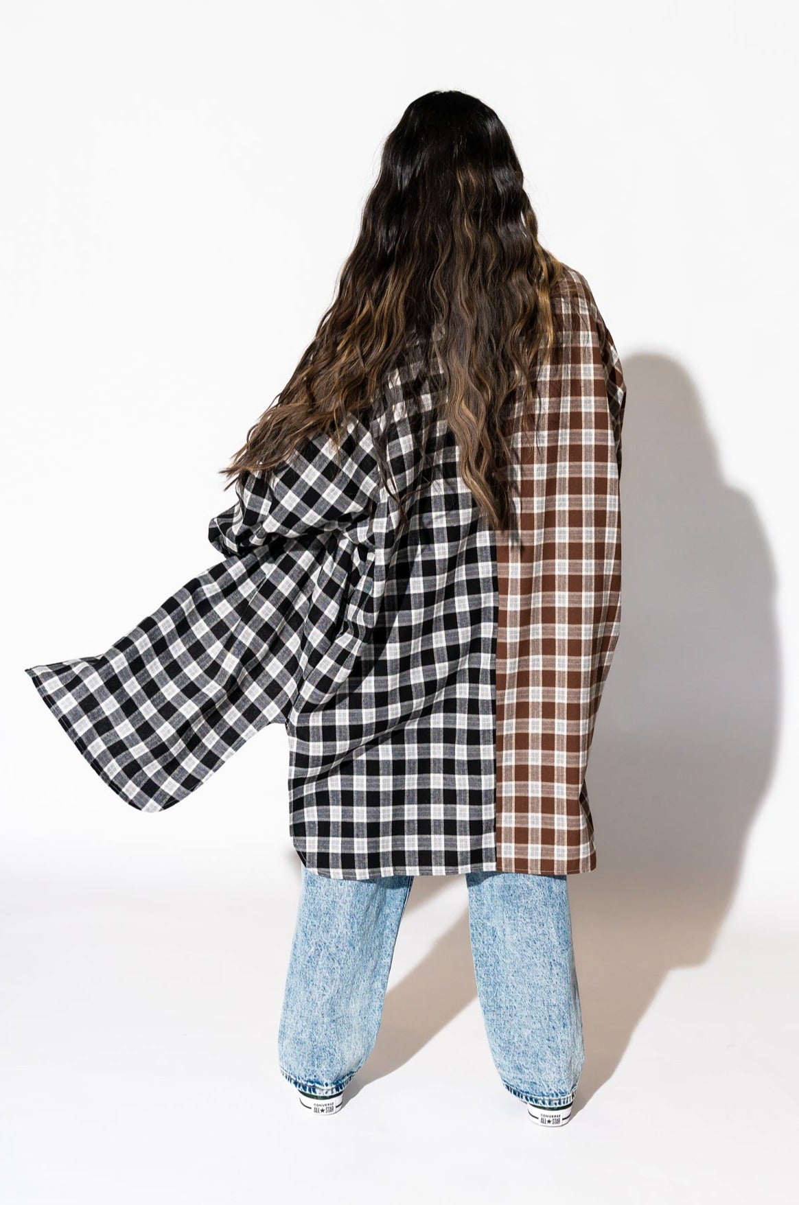 Zuri Oversized Grunge Flannel in Half + Half Mocha and Black