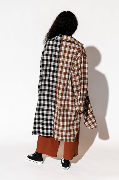 Zuri Oversized Grunge Flannel in Half + Half Mocha and Black