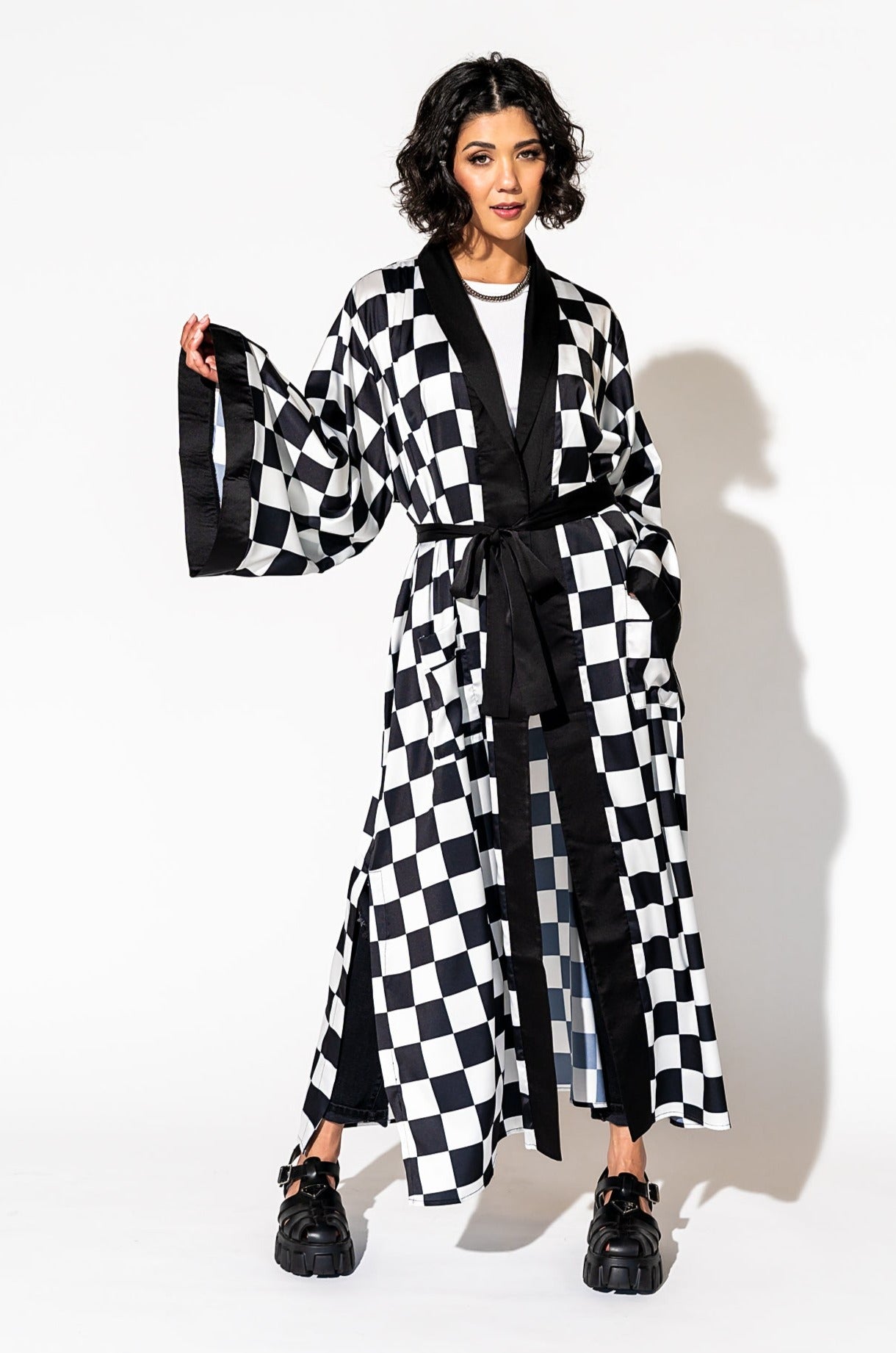 LALA ORIGINAL Good Karma Kimono in Checkerboard Dressed in Lala