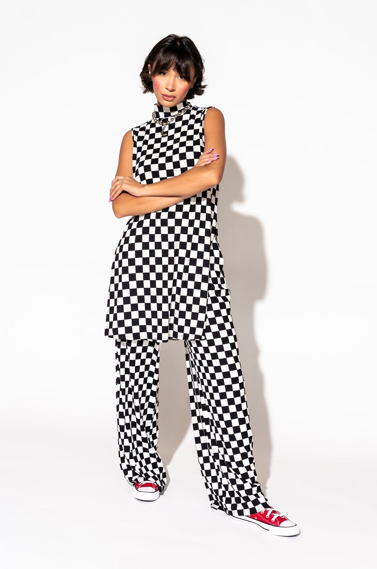 Gigi Sleeveless Ribbed Playsuit in Black + White Check