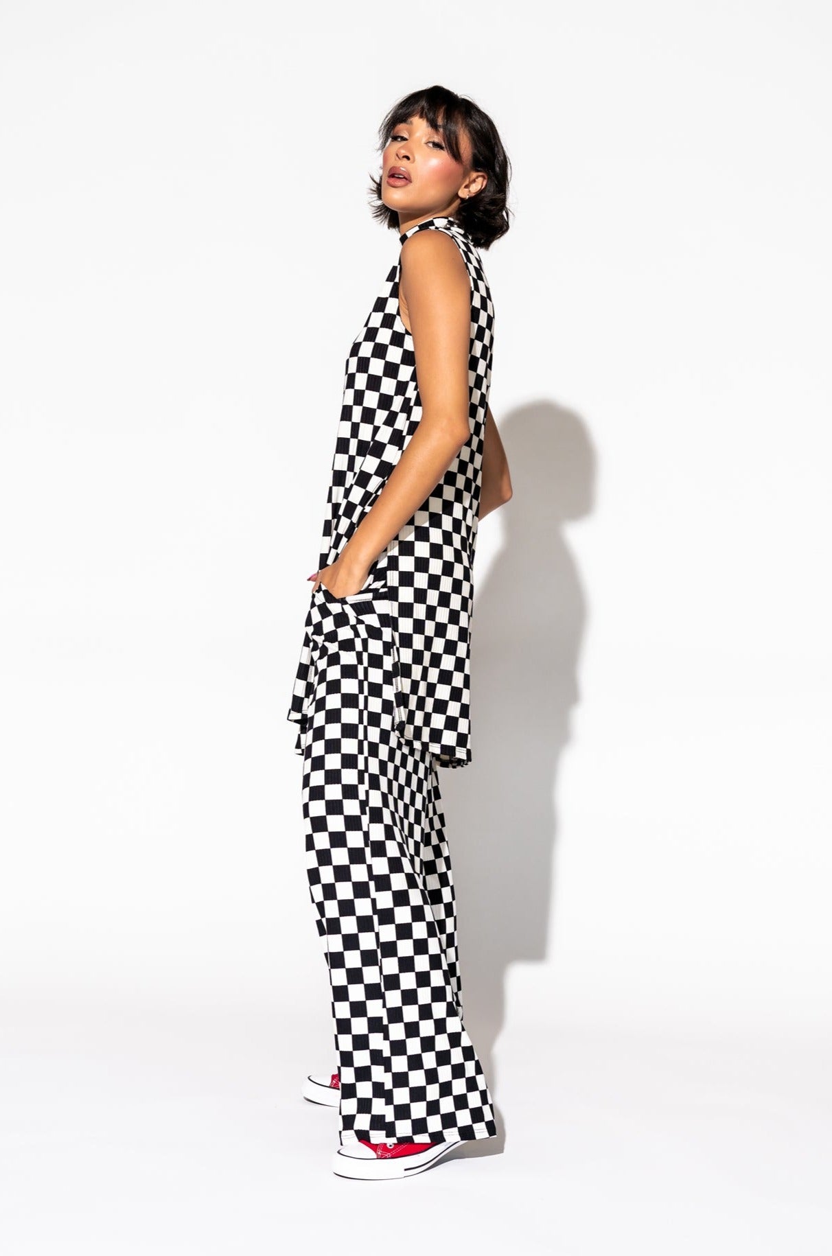 Gigi Sleeveless Ribbed Playsuit in Black + White Check