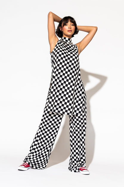 Gigi Sleeveless Ribbed Playsuit in Black + White Check