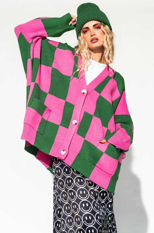 Love You Oversized Checkerboard Cardigan in Watermelon *RESTOCKED*