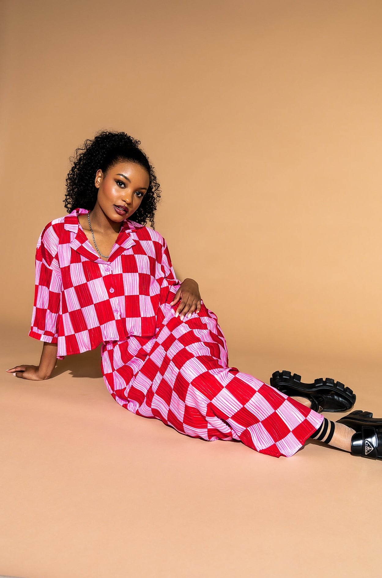 Ćest la Vie Plissé Skirt Set in Red + Pink