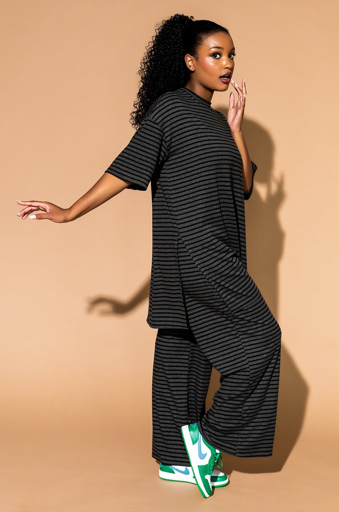 Leveled Up Ribbed Playsuit in Charcoal Stripe Dressed in Lala