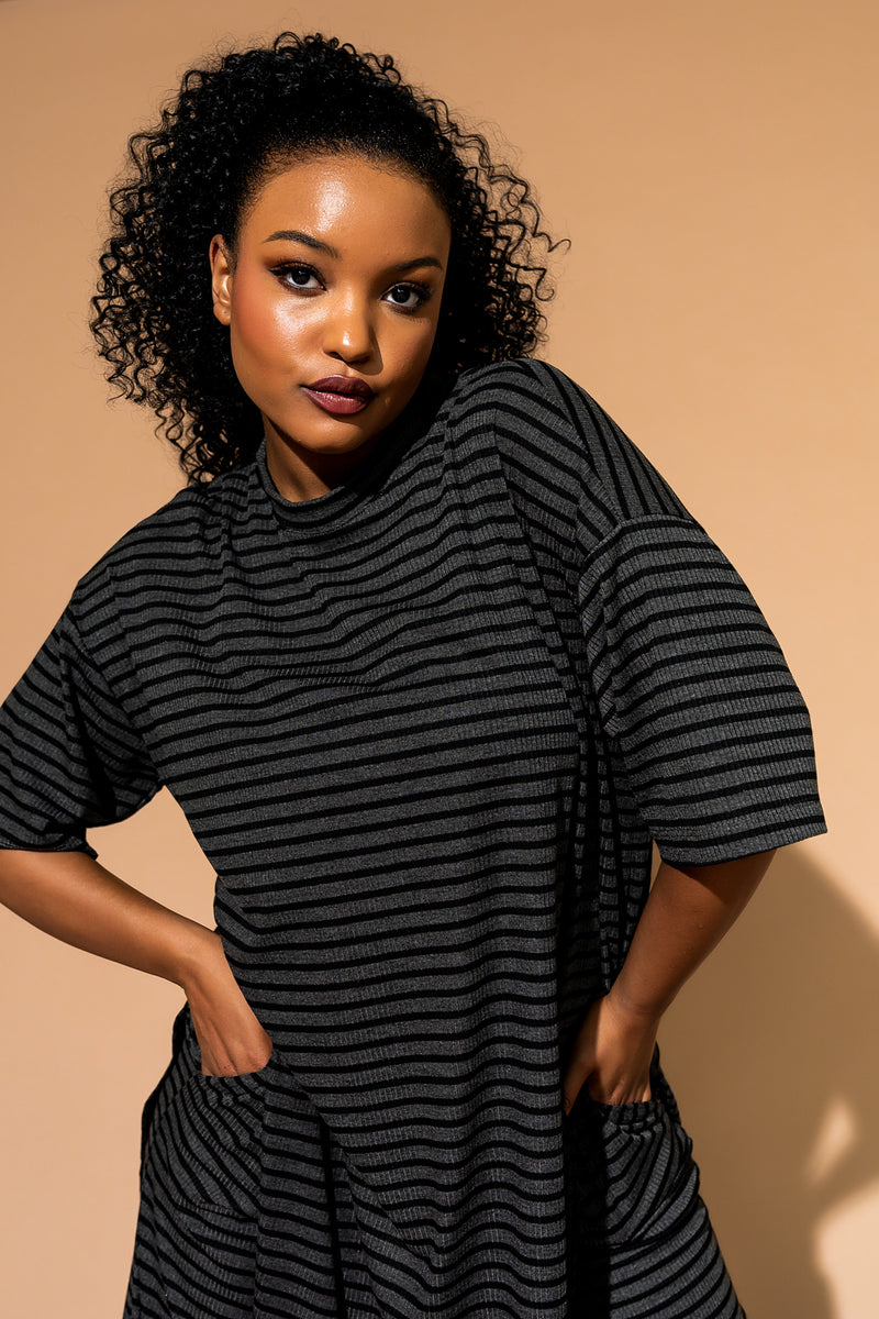 Leveled Up Ribbed Playsuit in Charcoal Stripe Dressed in Lala