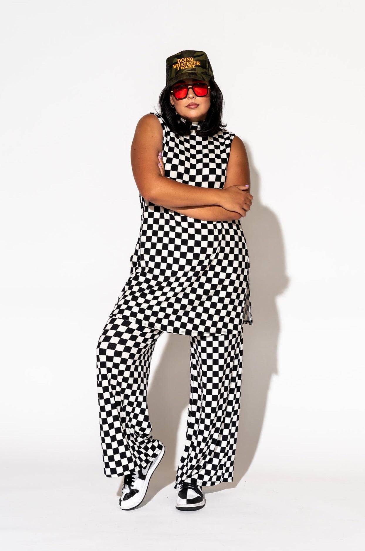 Gigi Sleeveless Ribbed Playsuit in Black + White Check