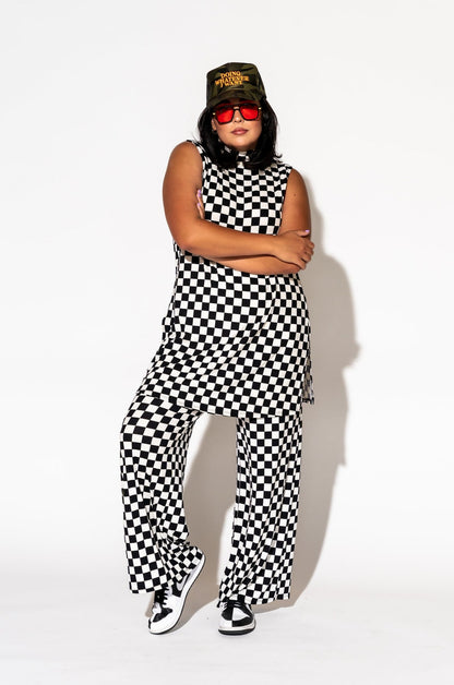 Gigi Sleeveless Ribbed Playsuit in Black + White Check