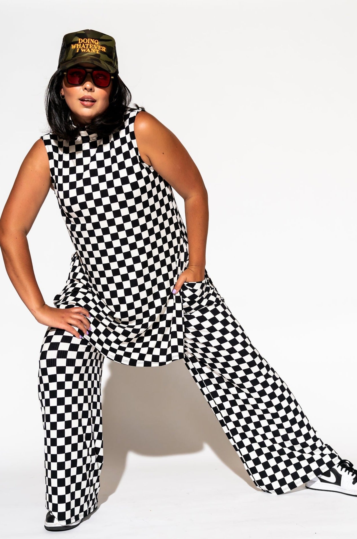 Gigi Sleeveless Ribbed Playsuit in Black + White Check