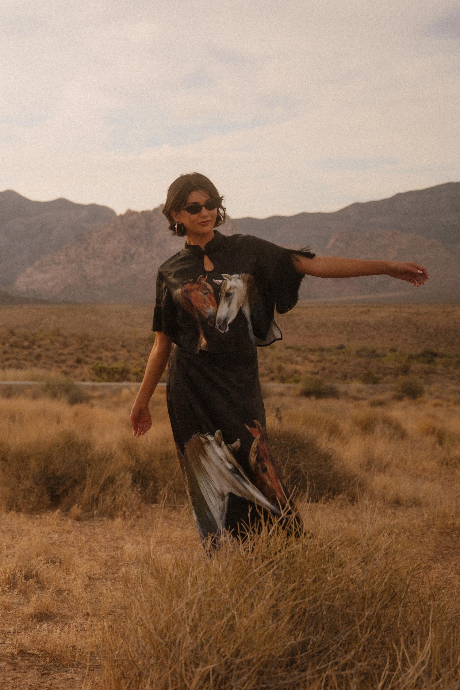 Person standing in a desert landscape with mountains in the background