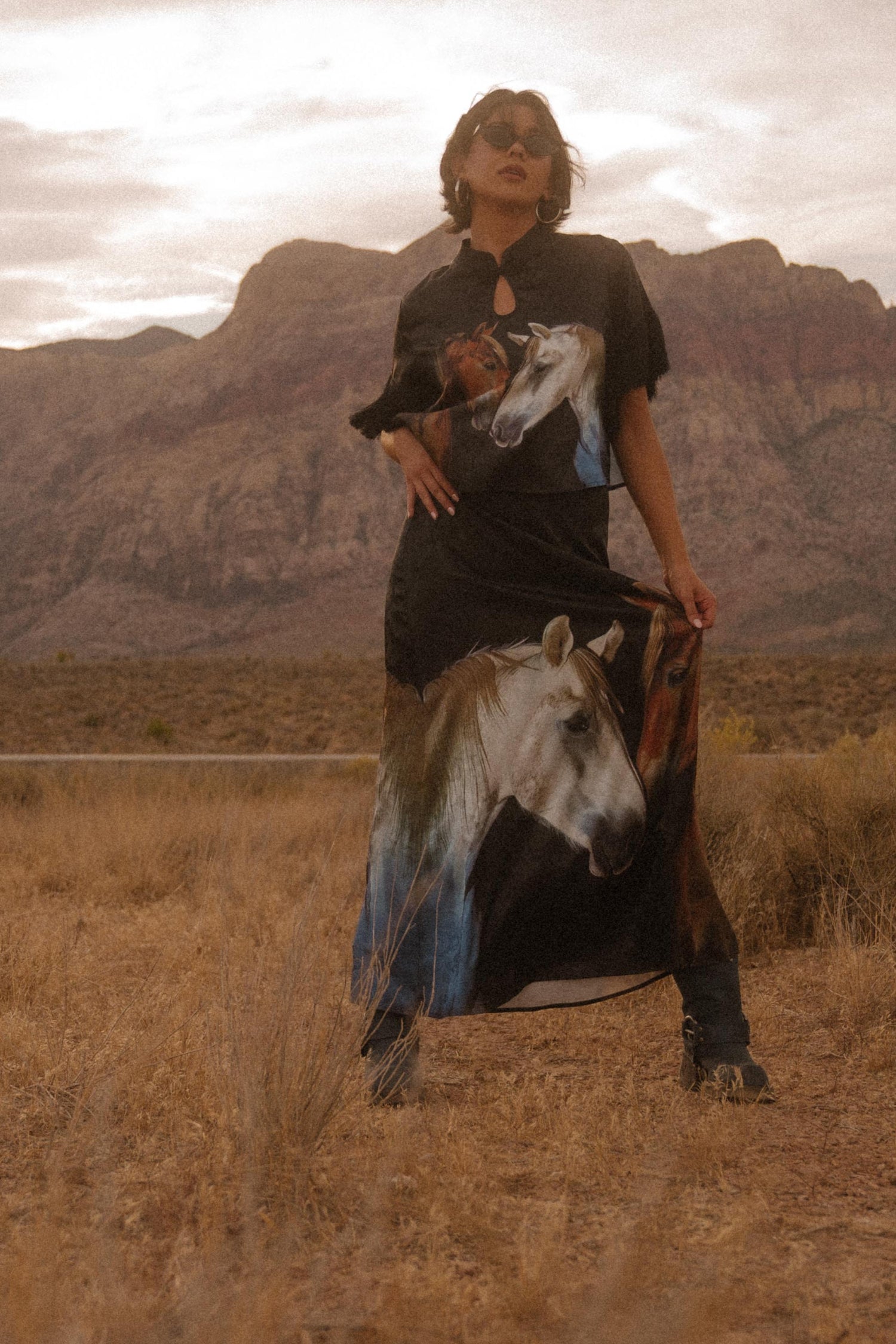 Person wearing a horse outfit in a desert landscape with mountains in the background