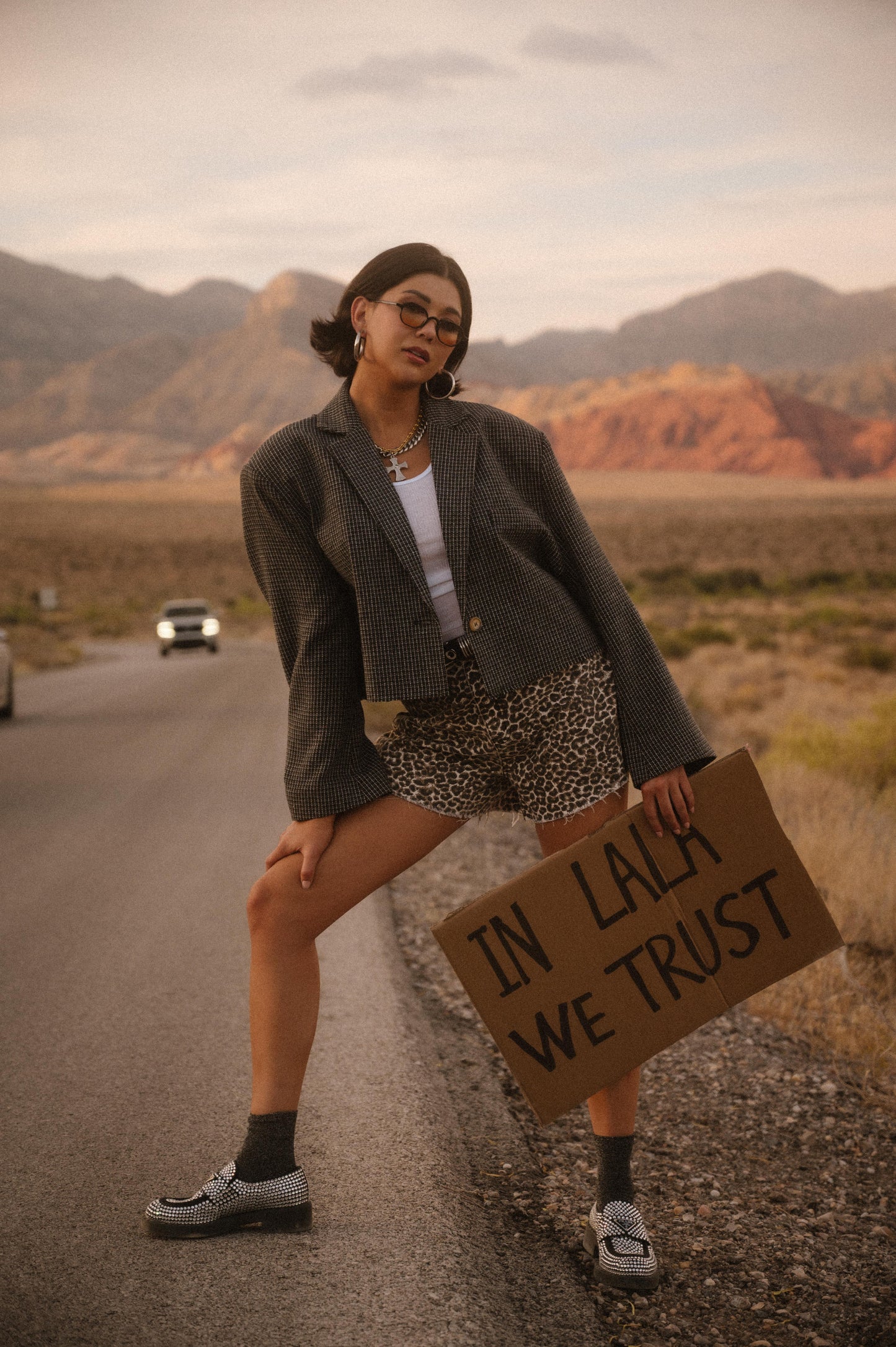 Person holding a sign in the desert with mountains in the background