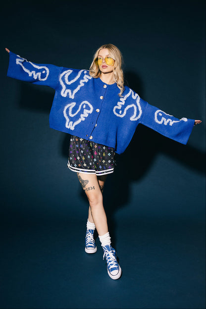 Rawr Means I Love You Boxy Button Up Cardigan in Blue