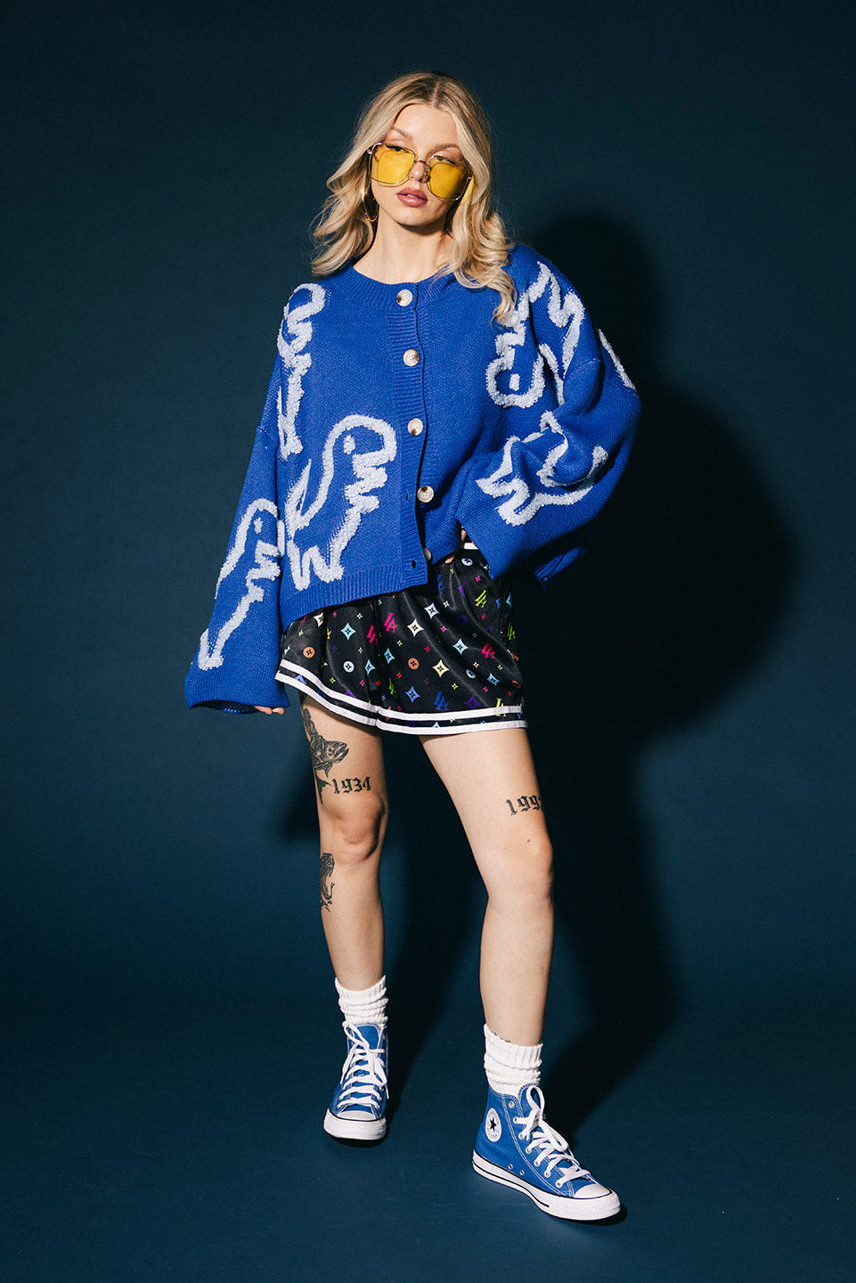 Rawr Means I Love You Boxy Button Up Cardigan in Blue