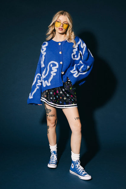 Rawr Means I Love You Boxy Button Up Cardigan in Blue