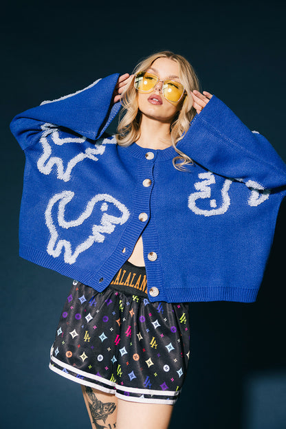 Rawr Means I Love You Boxy Button Up Cardigan in Blue