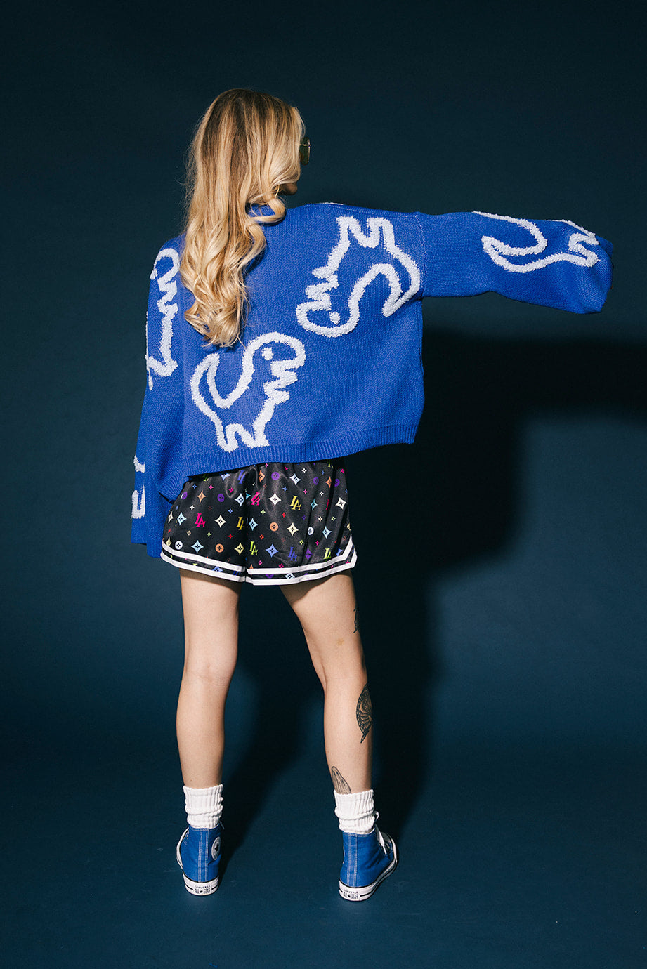 Rawr Means I Love You Boxy Button Up Cardigan in Blue