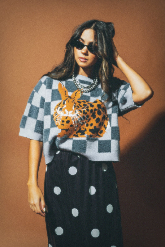 Woman wearing a grey checkered knit top with a leopard print bunny and a black mesh skirt with white polka dots against a brown background