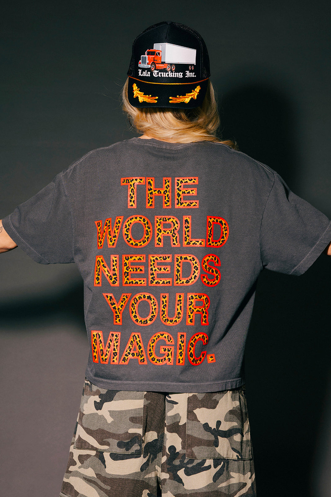 The World Needs Your Magic Crop Tee in Charcoal + Leopard