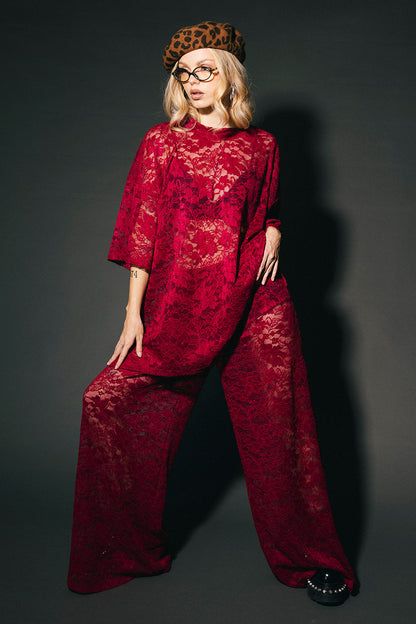 Love Hangover Wide Leg Lace Pants in Merlot
