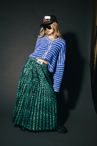 Double Trouble Striped Fuzzy Cardigan in Blue