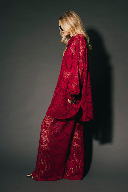 Soul Searching Ultra Oversized Button Up in Merlot Love Hangover Lace
