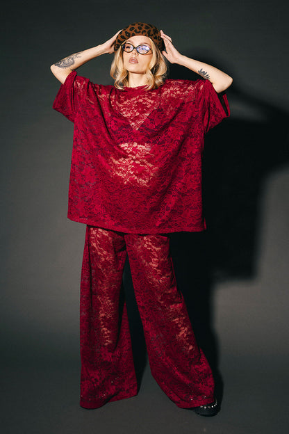 Love Hangover Wide Leg Lace Pants in Merlot
