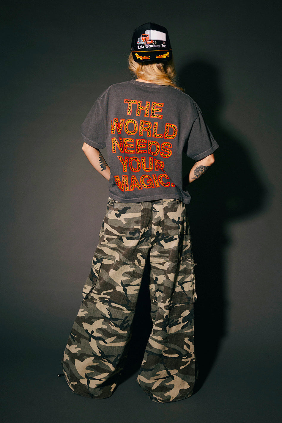 The World Needs Your Magic Crop Tee in Charcoal + Leopard