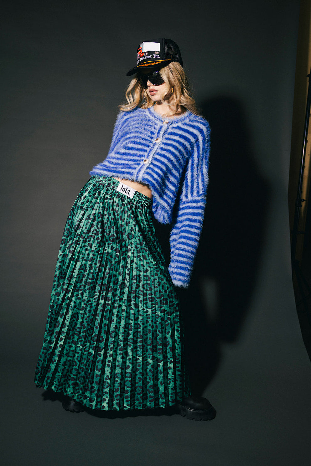 Untamable Pleated Midi Skirt in Emerald Leopard