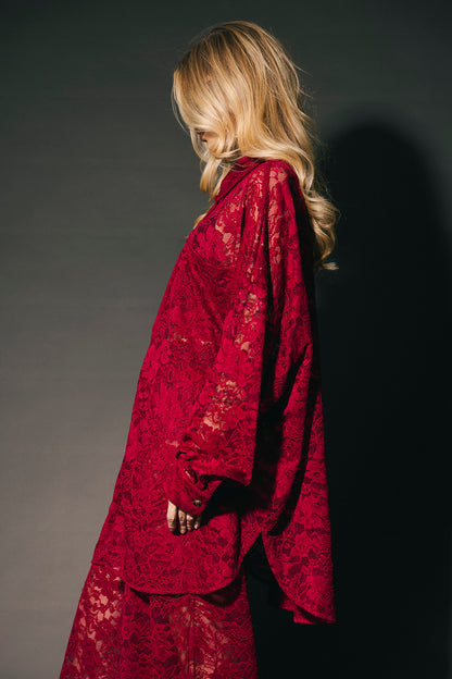 Soul Searching Ultra Oversized Button Up in Merlot Love Hangover Lace