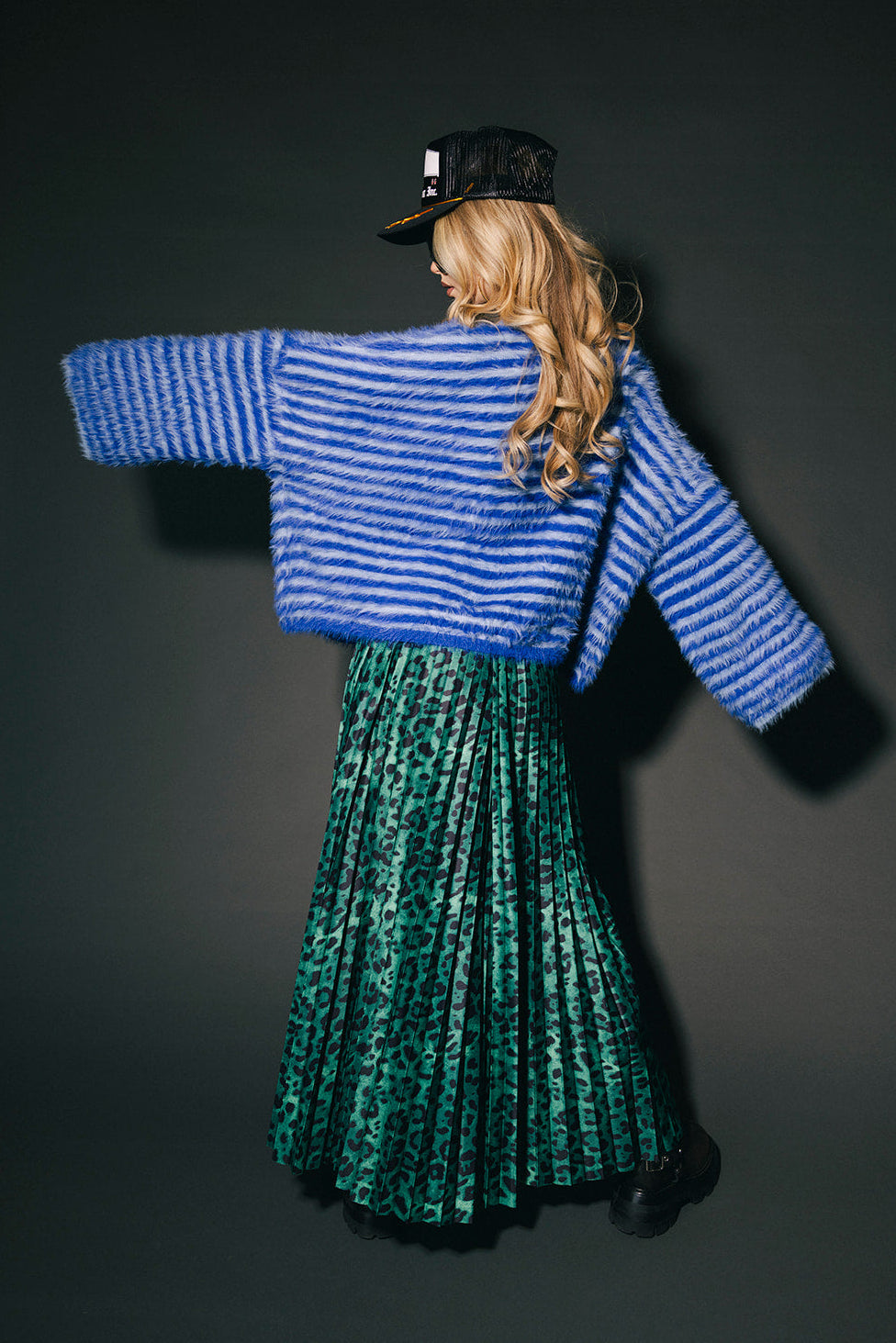 Double Trouble Striped Fuzzy Cardigan in Blue