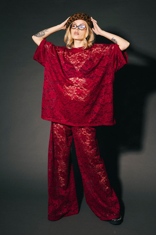 Love Hangover Oversized Lace Tee in Merlot