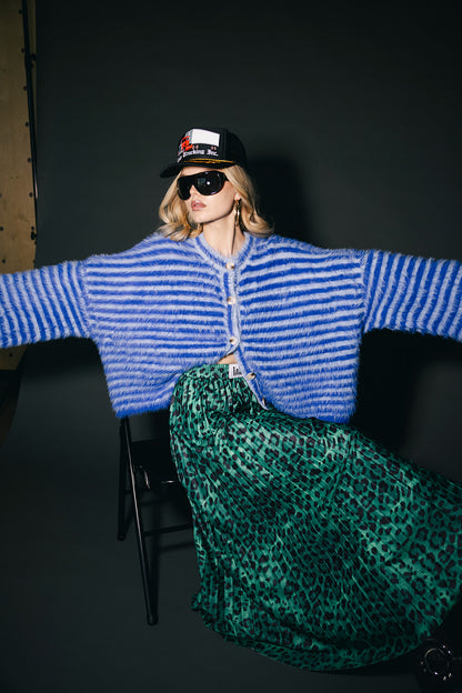 Double Trouble Striped Fuzzy Cardigan in Blue