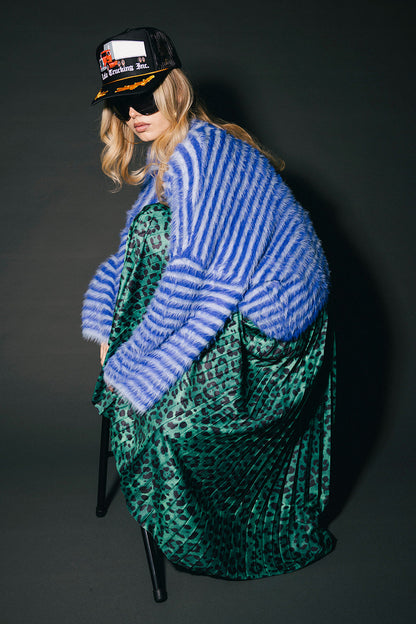 Double Trouble Striped Fuzzy Cardigan in Blue