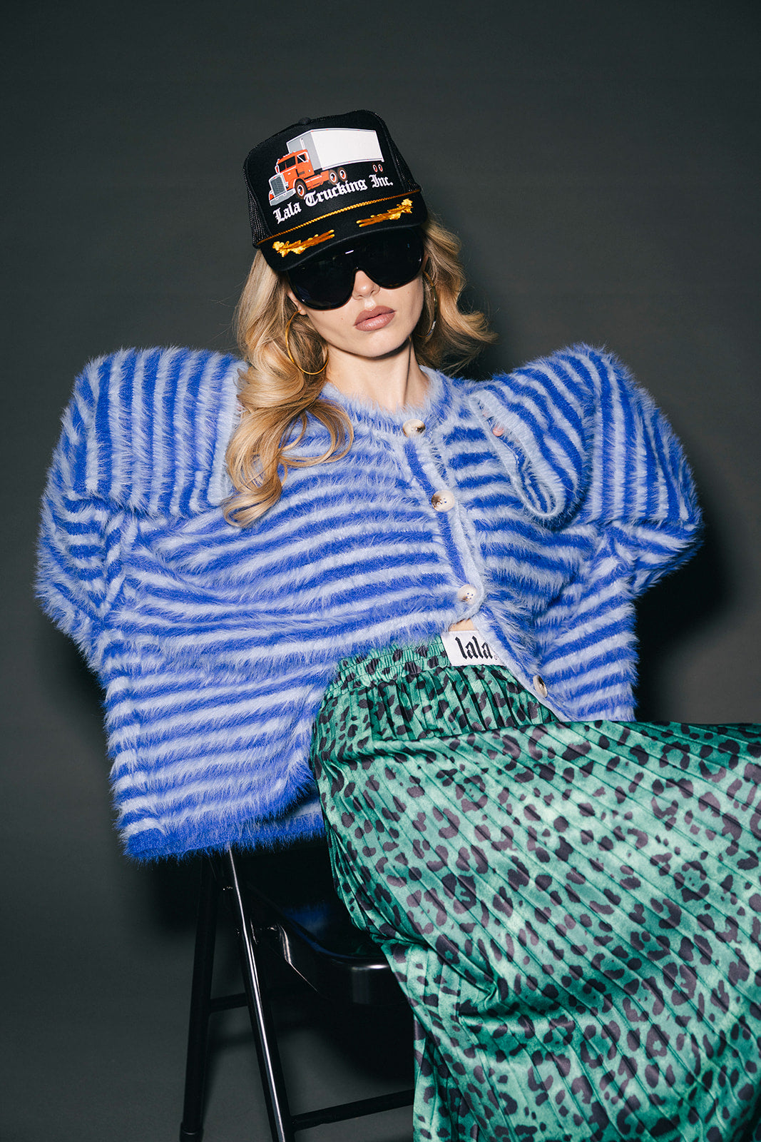 Double Trouble Striped Fuzzy Cardigan in Blue