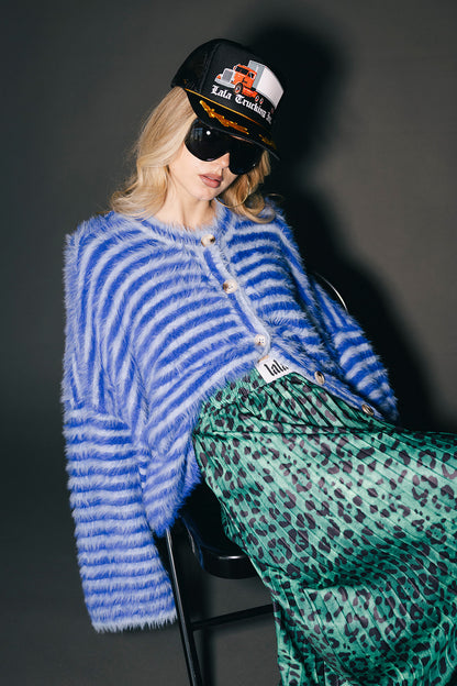 Double Trouble Striped Fuzzy Cardigan in Blue