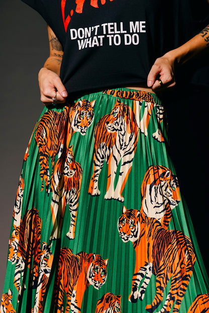 Untamable Pleated Midi Skirt in Tiger Tales on Green